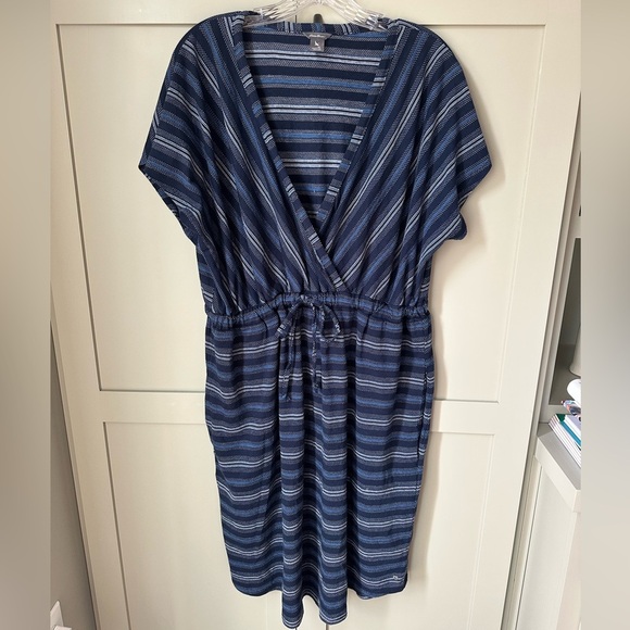 EUC Eddie Bauer Blue, Navy & White V-Neck Midi Crossover Dress SZ XL Super Cute - Picture 1 of 14